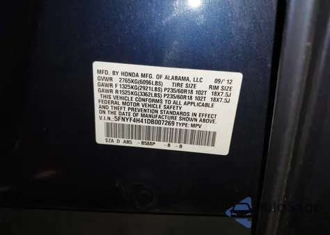 2013 Honda Pilot Ex from USA, damaged, VIN 5FNYF4H41DB007269